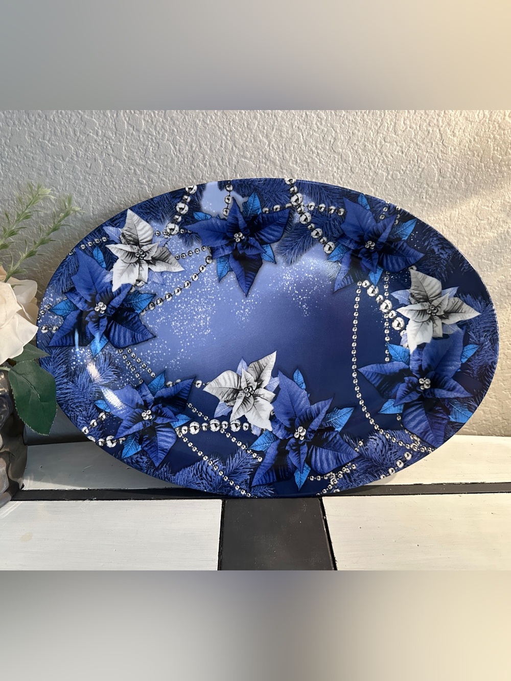 Blue and White Poinsettia Decorative Serving Platter
